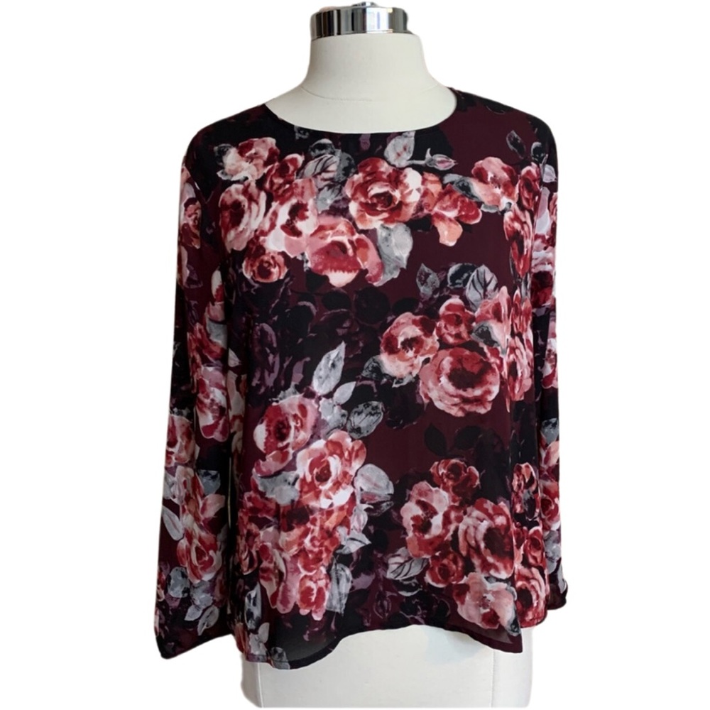 CUPCAKES AND CASHMERE Blouse Floral Top Large Burgundy Wine